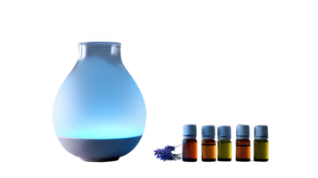 Glass diffuser with essential oils and lavender on transparent background png