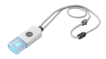 Compact clip on hydration sensor with lanyard on transparent background png