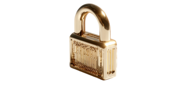 Golden padlock protecting microchip showing security concept on transparent background png