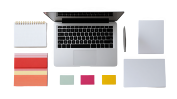 Laptop, notepad, pen, and sticky notes on transparent background for easy isolation png