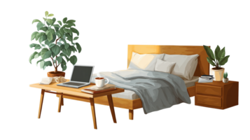 Inviting bedroom setting with work desk and plants on transparent background png