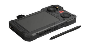 Rugged handheld computer with dual cameras and stylus on transparent background png