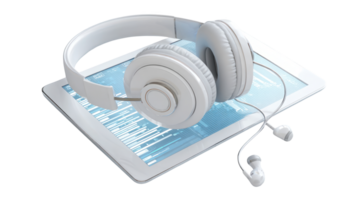 White headphones resting on digital tablet displaying audio waveform on transparent background png