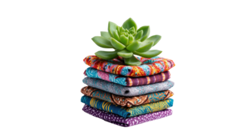 Stack of colorful reusable fabric wraps with succulent plant on transparent background png