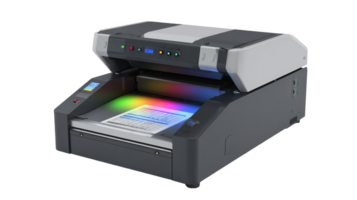 High speed scanner processing document with glowing lights on transparent background png