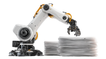 Robotic arm picking up stack of papers on transparent background png