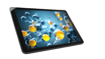 Modern tablet showing 3d molecular structure on transparent background png