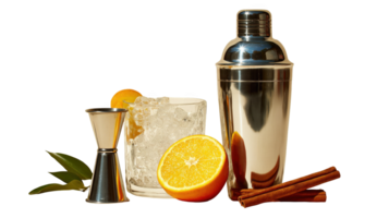 Cocktail shaker, jigger, orange slices, ice and cinnamon sticks on transparent background png