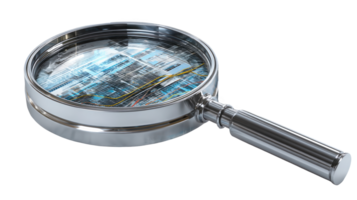 Magnifying glass showing digital binary code on transparent background png