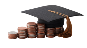 Graduation cap resting on increasing stacks of coins with transparent background png