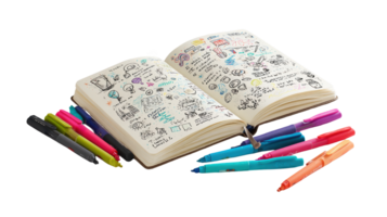 Open notebook with colorful hand drawn sketches and pens on transparent background png