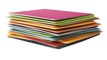 Stack of colorful biodegradable cards on transparent background png
