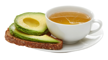 Steaming cup of tea and avocado toast on whole wheat bread with transparent background png
