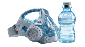 Futuristic oxygen mask resting beside a water bottle on transparent background png