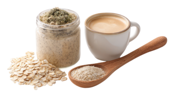 Preparing adaptogen latte with oat milk and dried herbs on transparent background png