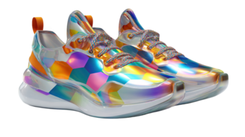Pair of sleek holographic sneakers with colorful hexagonal pattern on transparent background png
