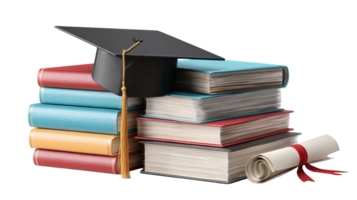 Graduation cap and diploma resting on a stack of books with transparent background png