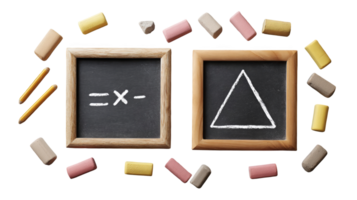 Two small chalkboards with math symbols and erasers on transparent background png