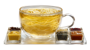 Glass cup with noodles and various condiments on transparent background png