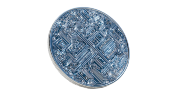 Futuristic digital coin showing circuit board pattern on transparent background png