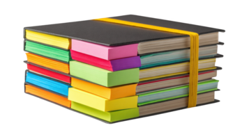 Stack of colorful notebooks with bookmarks and elastic band on transparent background png
