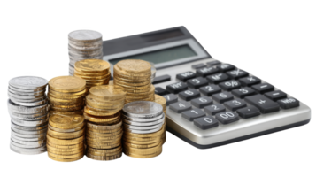 Calculator calculating increasing stacks of coins on transparent background png