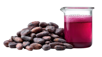 Cocoa beans and red extract in beaker on transparent background png