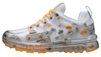 Closeup view of modular sneaker prototype with transparent design on checkered background png