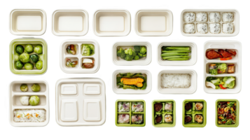 Overhead view of food delivery containers with transparent background png