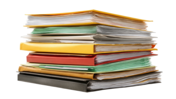 Stack of colorful binders and folders forming a pile on transparent background png