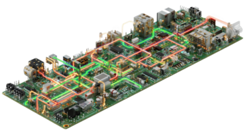 Illuminated circuit board showing data flowing with transparent background png