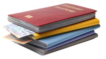Stack of passports and boarding pass on transparent background png