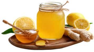 Honey, lemon and ginger sitting on rustic wooden table with transparent background png
