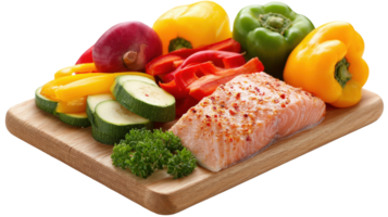 Grilled salmon fillet with mixed vegetables on cutting board with transparent background png