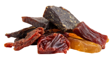 Pile of plant based jerky showing variety of colors and textures on transparent background png