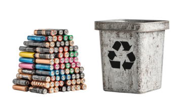 Stack of used batteries awaiting recycling with transparent background png