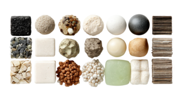 Bioinspired materials showing different textures and shapes on transparent background png