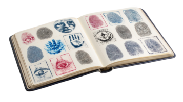 Open ledger displaying various biometric icons on transparent background png