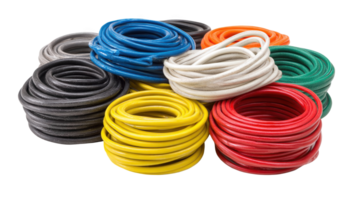 Colorful electrical cables coiled and ready for wiring projects on transparent background png