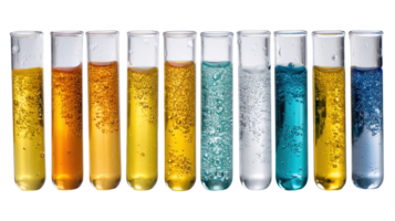 Laboratory setup featuring test tubes with colorful liquids and bubbles on transparent background png