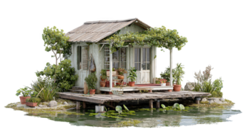 Quaint tiny home built on stilts beside a lake with transparent background png