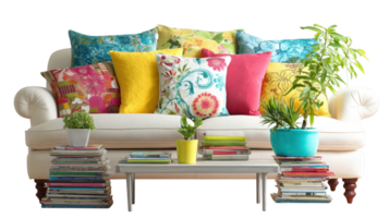 Cozy lounge area with comfortable sofa, colorful pillows and houseplants on transparent background png