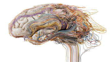 Human brain processing data, wires and connections creating a complex network png