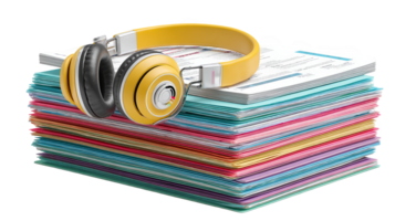 Yellow headphones resting on stack of colorful paper with transparent background png