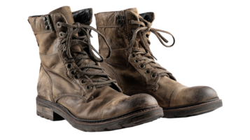 Pair of stylish brown combat boots showing wear and tear on transparent background png