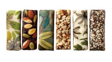 Overhead view of various flavors of wrapped energy bars on transparent background png