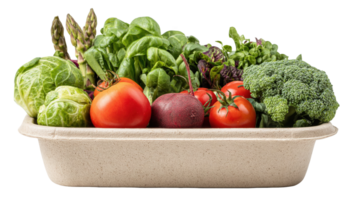 Biodegradable container overflowing with fresh, vibrant vegetables on transparent background png