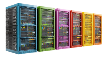 Colorful server racks displaying processing data on transparent background png