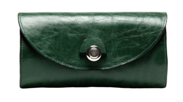Elegant green leather wallet with metallic button closure on transparent background png