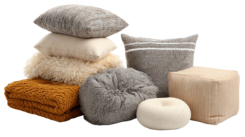 Soft cushions, pillows, knitted blanket, and pouf creating cozy atmosphere on transparent background png